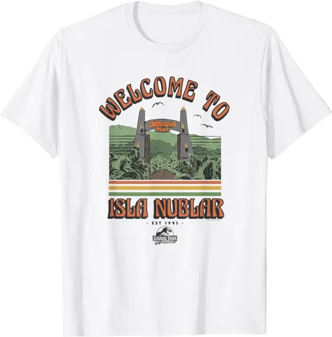 Camiseta con texto en inglés "Welcome to Isla Nublar", Blanco