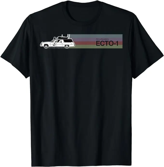 Ghostbusters ECTO-1 Camiseta de retrato de arcoíris a rayas coloridas, Negro