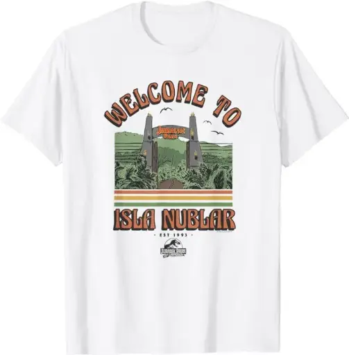 [20075] Camiseta con texto en inglés "Welcome to Isla Nublar", Blanco